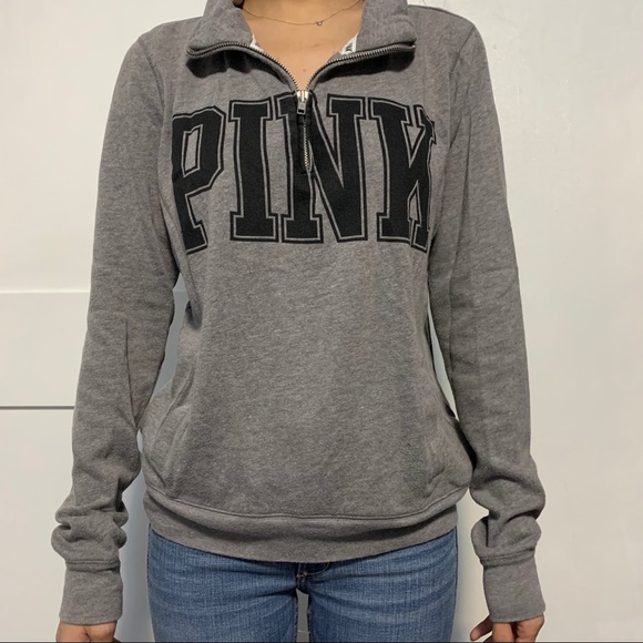 VS PINK Quarter Zip Grey Sweatshirt - Picture 1 of 8